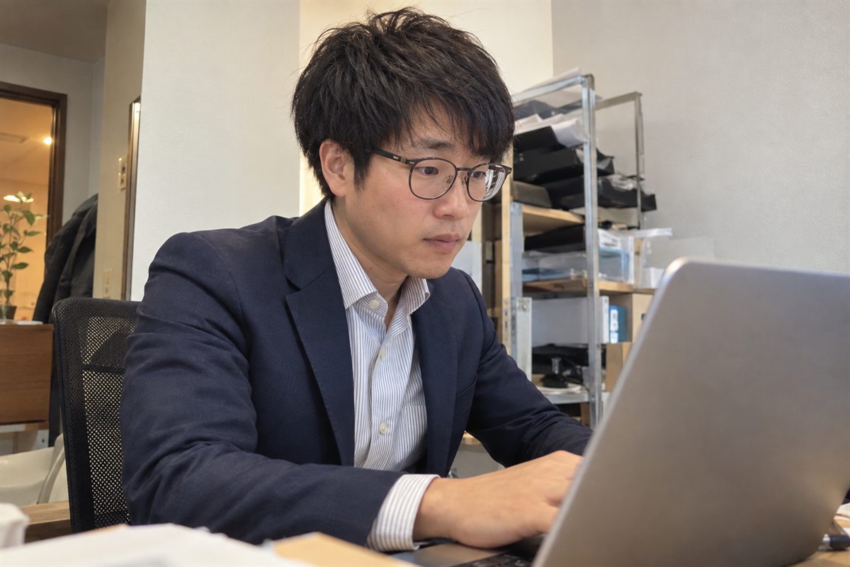 ノートパソコンで作業する、株式会社gibe 代表 鎭西健吉